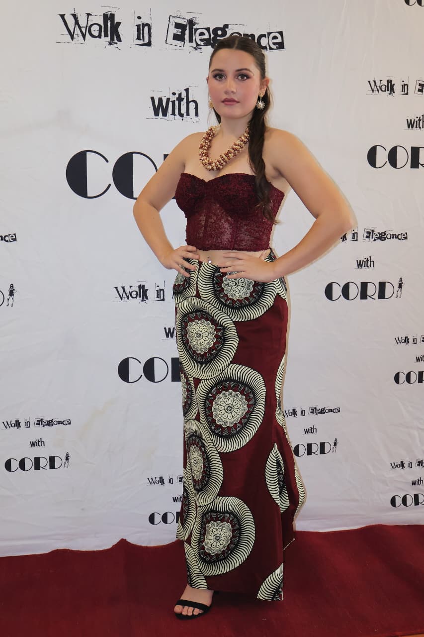 Burgundy and mandala print skirt on the runway
